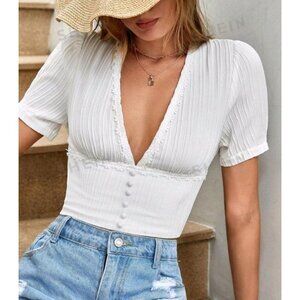 White Plunging Neck Button Detail Shirred Back Crop Top Sz Med